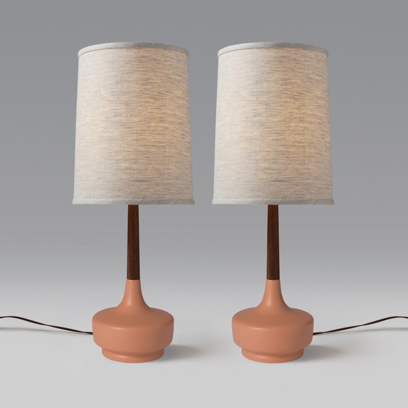 Mid Century Table Lamp Ceramic & Walnut Brooke Desert Rose 4 Pair image 1