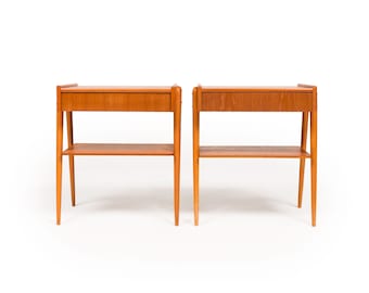 Vintage Danish Mid-Century Teak & Oak Nightstands Bedside Tables Pair