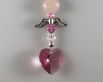 Suncatcher Love Token Espejo retrovisor Decoración Cuarzo Rosa Cadena de corazón