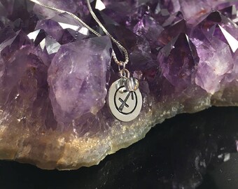 Sagittarius Hand-stamped Minimalist Sterling Silver Alkeme Quartz Crystal Zodiac Pendant Necklace