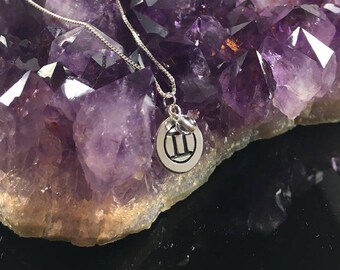 Gemini Hand-stamped Minimalist Sterling Silver Alkeme Quartz Crystal Zodiac Pendant Necklace