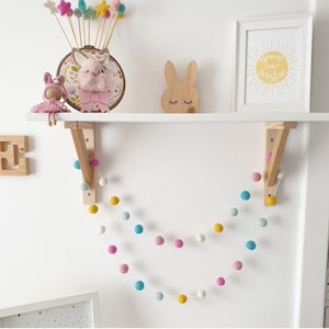 Girls Pom Pom Garland, Felt Ball String, Scandinavian Wall Hanging, Bright Decor, Living Room Kitchen Accessories, Made to Order Bunting