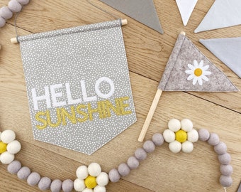 Daisy Decor, Hello Sunshine Collection, Daisy Garland, Fabric Banner, Daisy Pennant Flag, Grey Mustard Nursery Decor, Nursery Wall Hanging