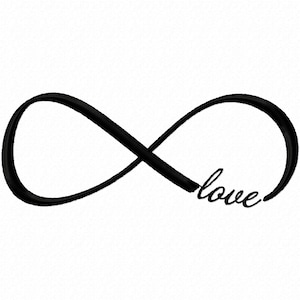 Peut inclure: Symbole de l'infini noir avec le mot "love" en écriture cursive. Le symbole représente l'amour éternel. Le design est sur un fond blanc.