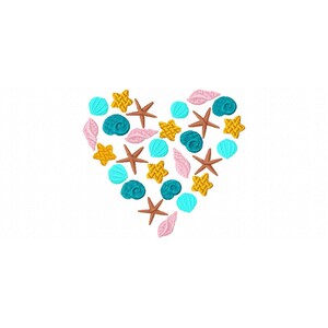 May include: A heart shape made of seashells and starfish in shades of blue, pink, and gold.