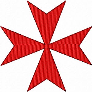 May include: A red Maltese cross design with eight points, embroidered on a white background. The cross has a textured appearance, with a black outline. The design is symmetrical and centered.
