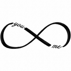 May include: Black infinity symbol with the words "you" and "me" in a handwritten style. The symbol is a continuous loop, with the words placed at the ends of the loop. The background is plain white.