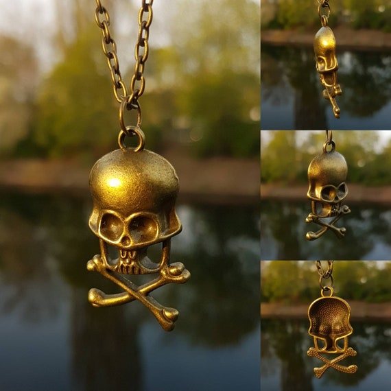 Necklace with skull pendant in antique gold with bones and pirate skull