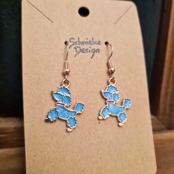 Earrings with cute blue poodles made of enamel