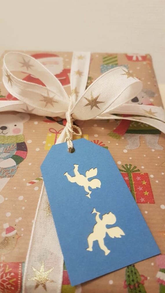 Gift tag blue in 3D with two punched angels for your gifts for Christmas