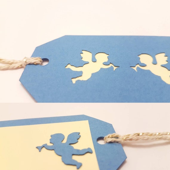 Gift tag blue in 3D with two punched out angels for your gifts for Christmas