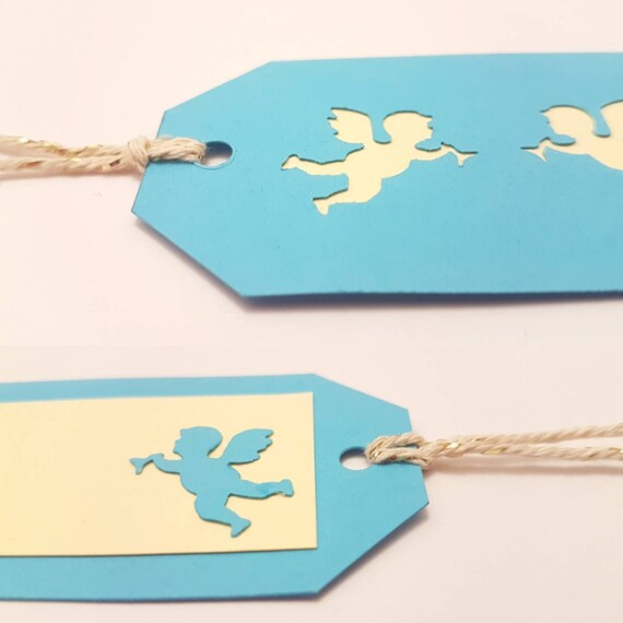 Gift tag blue in 3D with two punched angels for your gifts for Christmas