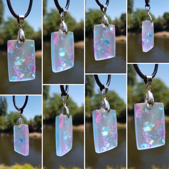 Necklace with rectangular pendant made of epoxy resin - hologram glitter in delicate translucent blue - matt polished