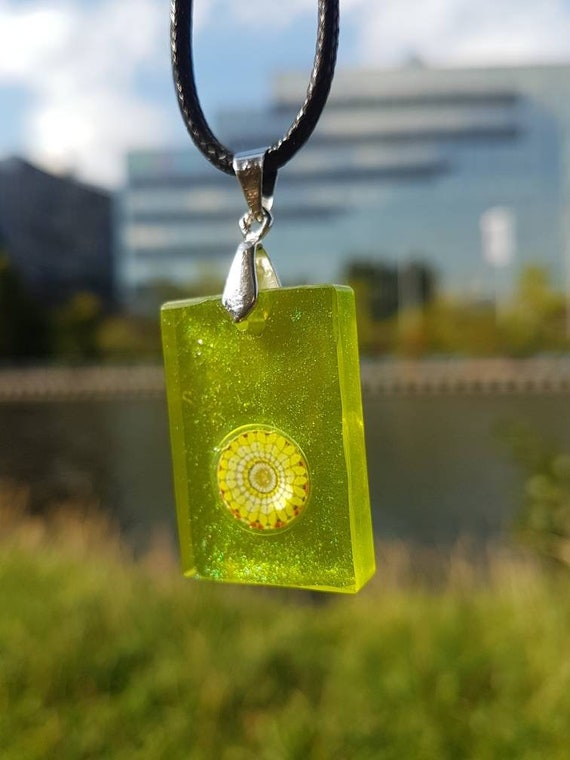 Necklace with rectangular pendant made of epoxy resin