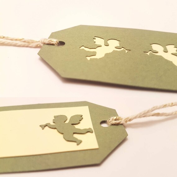 Gift tags red and green in 3D with two punched angels for your gifts for Christmas