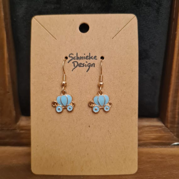 Earrings with a light blue pumpkin carriage made of enamel