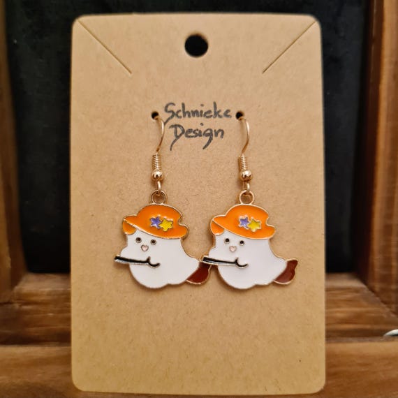 Earrings with cute ghosts on witches' brooms