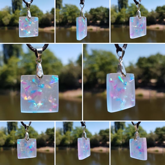 Necklace with square pendant made of epoxy resin - hologram glitter in delicate translucent blue - matte finish