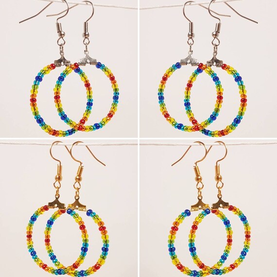 Earrings (gold/silver) with colorful rainbow creoles made of pearls. For a colourful good mood!