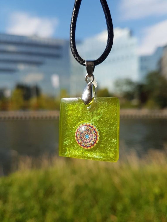 Necklace with square pendant made of epoxy resin