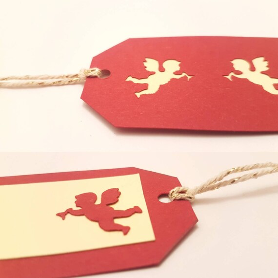 Gift tags red and green in 3D with two punched angels for your gifts for Christmas