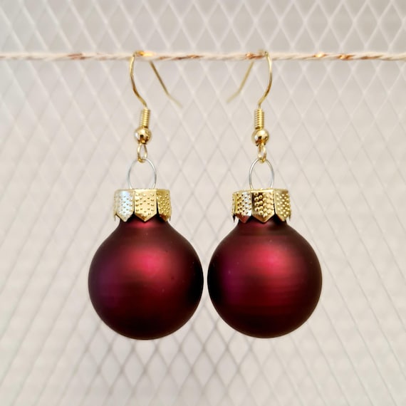 Christmas earrings with dark burgundy baubles