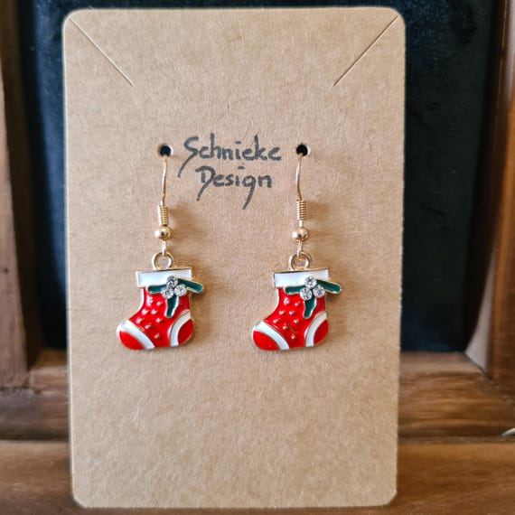 Earrings with red Christmas socks and glitter stones