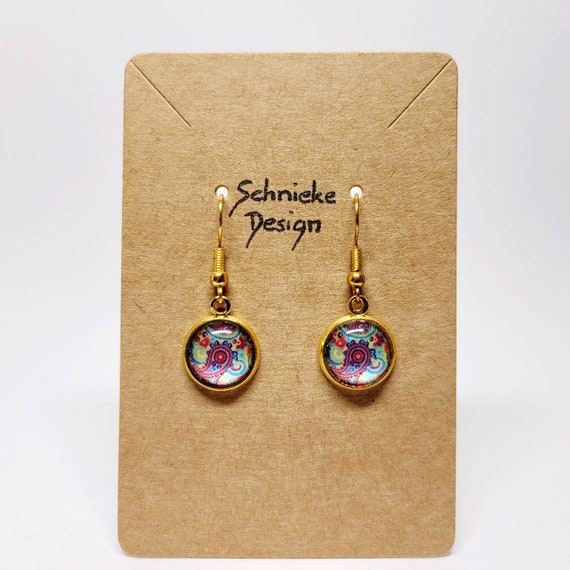 Earrings with round floral Zen cabochons