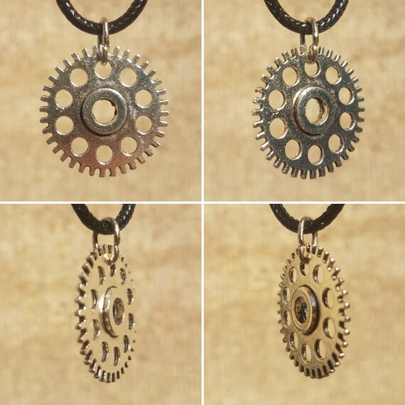 Black necklace with silver pendant - Steampunk gear with small punched circles