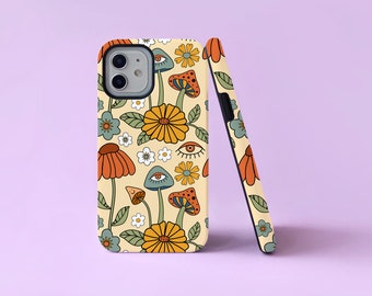 Groovy Mushrooms Retro Peace Pattern 2 in 1 Tough Phone Case/Cover For iPhone 7 8 11 12 13 14 15 Pro Max Mini SE Plus Samsung S20 FE S21 S22