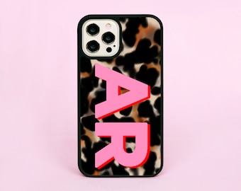 Monogram Pink Initials Customised Tortoise Shell Tortoiseshell Pattern Phone Case/Cover For iPhone 12 13 14 15 16 Pro Max Plus Mini SE 16e