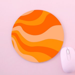 Groovy 70&#39;s Orange And Peach Lines Waves Art Custom Made Round Non-Slip Black And White Mouse Mat Pad For PC Mac Computer