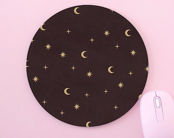 Crescent Moon And Stars Pattern Gold Effect Sky Brown Vintage Retro Witchy Custom Made Round Non-Slip Mouse Mat Pad For PC Mac Computer