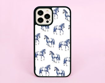 Horse Horses Pattern Blue And White Animal Phone Plastic Case/Cover For iPhone 7 11 12 13 14 15 16 Pro Max Plus Mini SE 2 3 16e