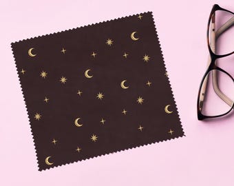 Crescent Moon And Stars Pattern Gold Effect Sky Brown Vintage Retro Witchy Pattern Glasses Cloth Lens Cleaning Cloths