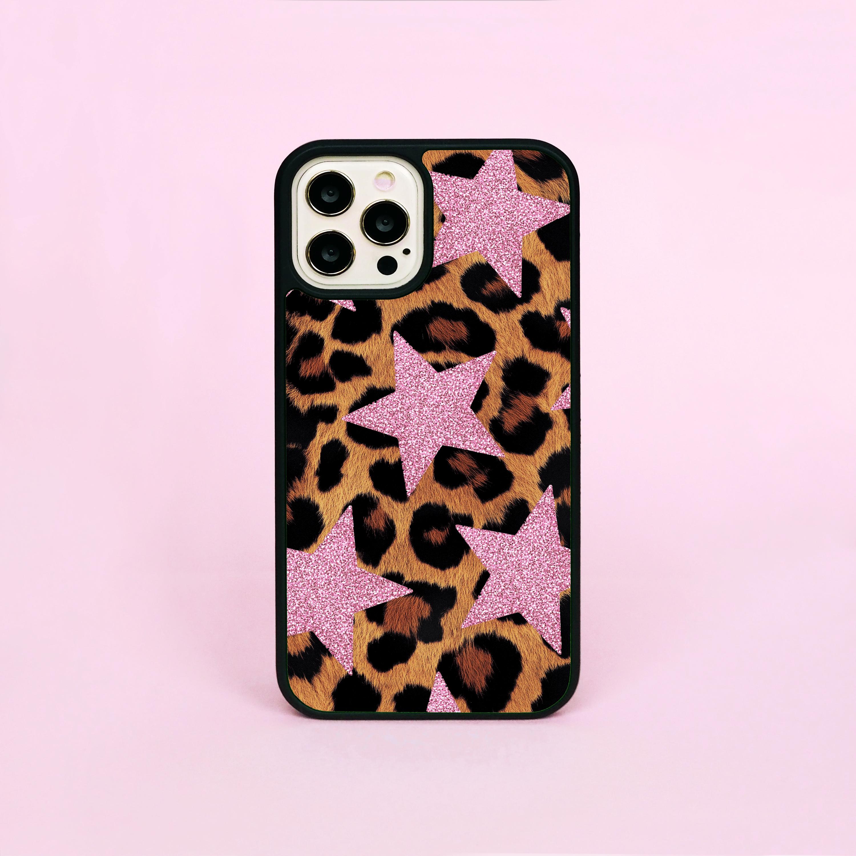 Pink Glitter Stars Leopard Animal Print Phone Plastic Case