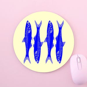 Anchovy Art Anchovies Blue Fish Pastel Yellow Mediterranean Food Aesthetic Custom Made Round Non-Slip Mouse Mat Pad For PC Mac Computer