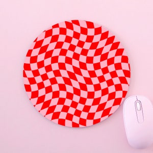 Wavy Checkered Check Red and Pink Wavy Groovy Trippy Checkerboard Custom Made Mouse Mat Pad For PC Mac Computer