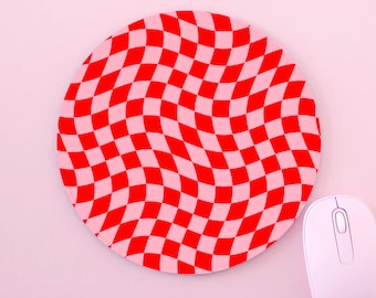 Wavy Checkered Check Red and Pink Wavy Groovy Trippy Checkerboard Custom Made Mouse Mat Pad For PC Mac Computer