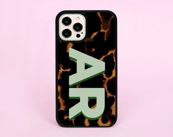 Monogramme vert sauge initiales écaille de tortue coque de téléphone/housse pour iPhone 11 12 13 14 Pro Max Plus Mini SE 2 Samsung Galaxy A13 A21s A53 5G