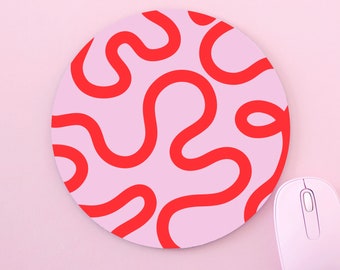 Red And Pink Swirls Abstract Lines Art Custom Made Round Non-Slip Black And White Mouse Mat Pad For PC Mac Computer