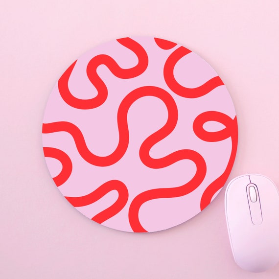 Red And Pink Swirls Abstract Lines Art Custom Made Round Non-Slip Black And White Mouse Mat Pad For PC Mac Computer