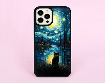 Cute Cat In Van Gogh Painting Halloween Starry Night Custom Phone Case/Cover For iPhone 11 12 13 14 15 16 Plus Pro Max Mini SE 2 3 16e