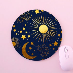 月と太陽の星柄 ゴールド効果 スカイアート カスタムメイド ラウンド 滑り止め マウスマット パッド PC Mac コンピューター用