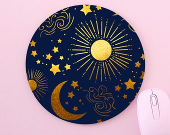 Moon And Sun Stars Pattern Gold Effect Sky Art Custom Made Round Non-Slip Mouse Mat Pad For PC Mac Computer