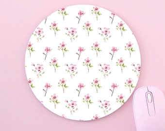 Pink Flowers Floral Cottagecore Aesthetic Baby Pink Pattern Custom Made Round Non-Slip Black And White Mouse Mat Pad For PC Mac Computer