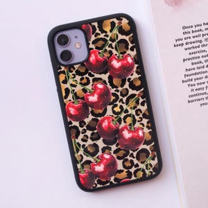Coque/housse en plastique pour téléphone à imprimé animal cerise léopard et cerises pour iPhone 7 11 12 13 14 15 16 Pro Max Mini SE 16e Samsung Galaxy A13 A53 5G