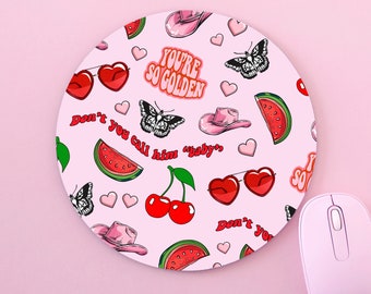 Harry's Collage Watermelon Butterfly Tattoo Pink Cowboy Hat Cherry Heart Custom Made Round Non-Slip Black Mouse Mat Pad For PC Mac Computer