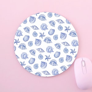 Seashells Sea Shell Shells Aesthetic Pattern Blue And White Custom Made Mouse Mat Pad For PC Mac Computer