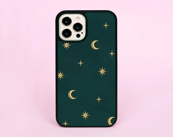 Gold Stars Crescent Moon Sky Green Pattern Witchy Magic Phone Case/Cover For iPhone 13 14 15 16 Pro Max Plus Mini SE 2 3 16e 17e 17 Air